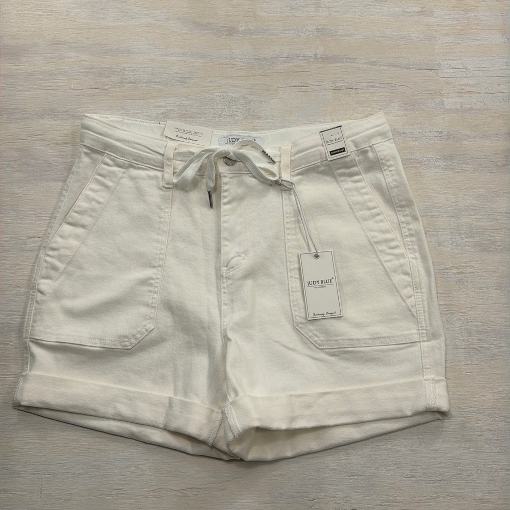 Judy Blue Denim Shorts Codi High Waist Large Drawstring Pockets White Womens NWT